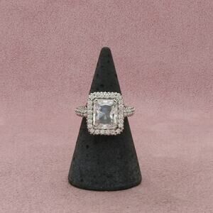 sterling silver emeerald-cut cz & halo engagement ring size 6